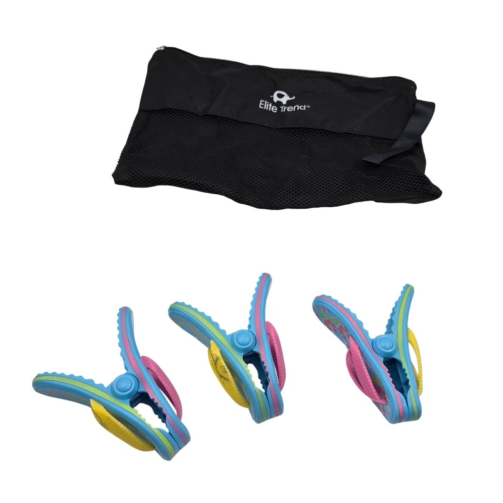 Elite Trend Flip Flop Beach Towel Clips Set of 3 Blue Pink Floral With Mesh N3